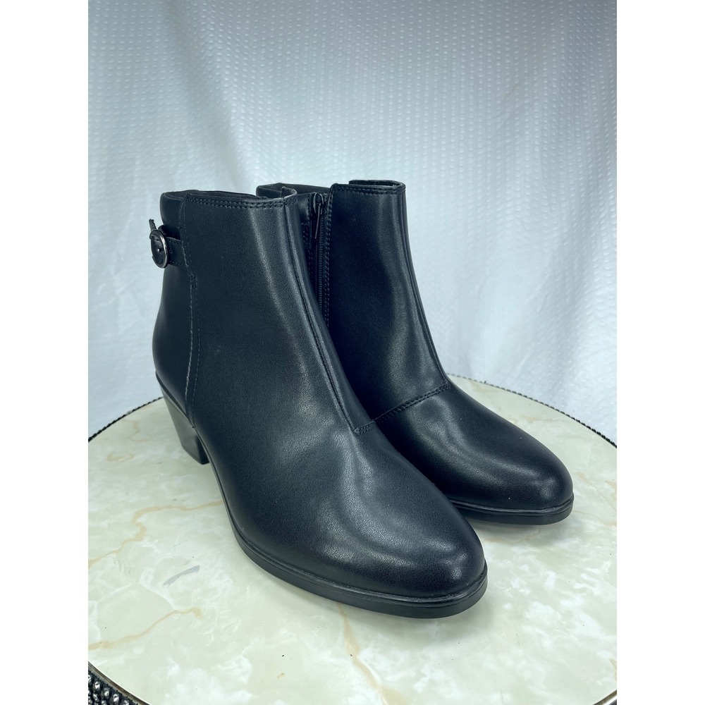 Clarks Emily2 Belle Leather Ankle Boots Women 8 Black Buckle Block Heel Zip Shoe
